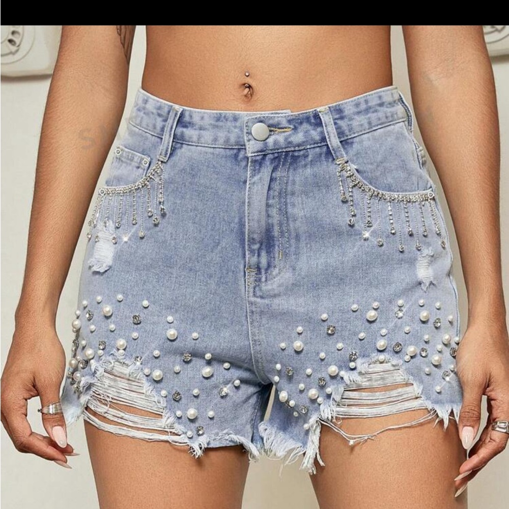 High Waist Denim Pearl Shorts- western style wear